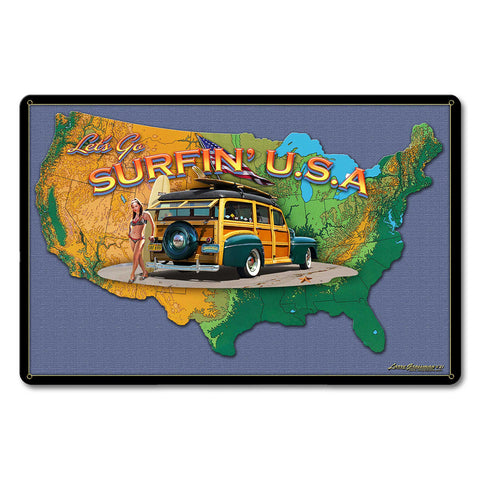 SURFIN USA MAP 18 x 12 Satin Metal Sign