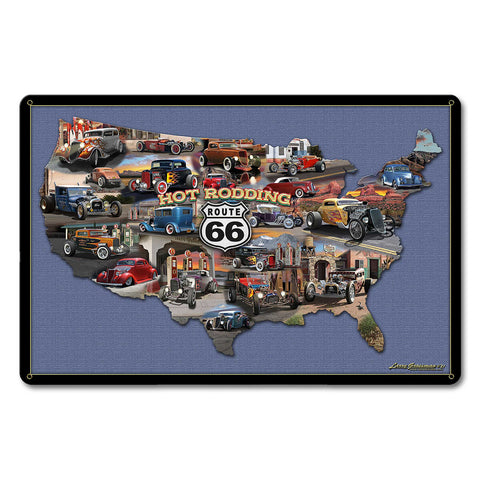 HOT RODDING ROUTE 66 MAP 18 x 12 Satin Metal Sign