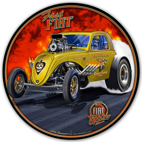 1937 FIAT DRAG CAR YELLOW 28 x 28 Round Metal Sign