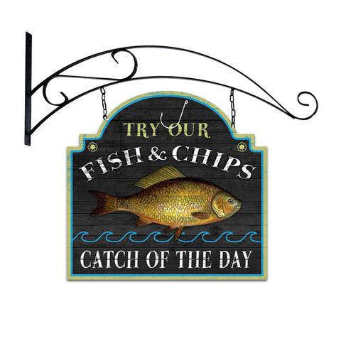 Fish And Chips Double Sided Custom Metal Shape With Wall Mount  Vintage Sign Metal Sign