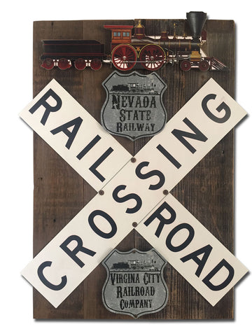 Train Crossroad Railway Set Plasma Shape On Wood Vintage Sign Metal Sign