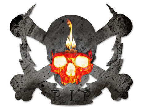 Flaming Skull Bolt RIP Metal Sign