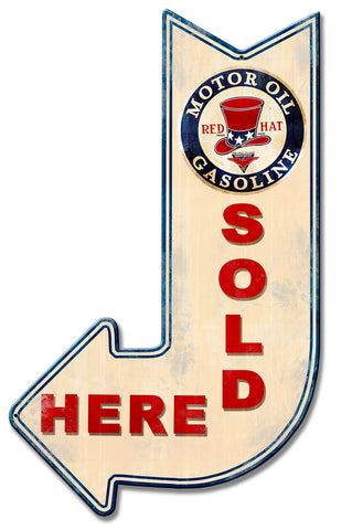 Red Hat Sold Here Arrow Metal Sign