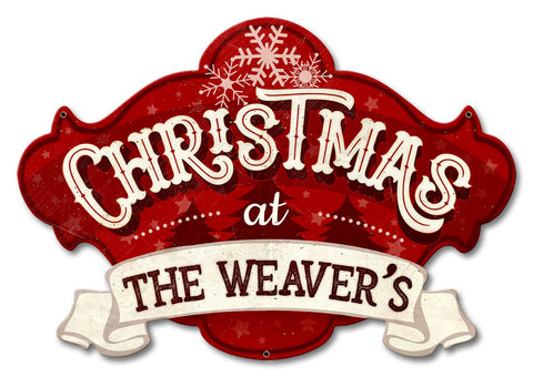 Christmas at The Family Name  - Personalized Metal Sign