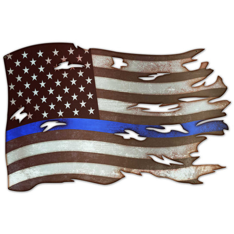 PSB392 - BLUE LINE TATTERED AMERICAN FLAG Metal Sign