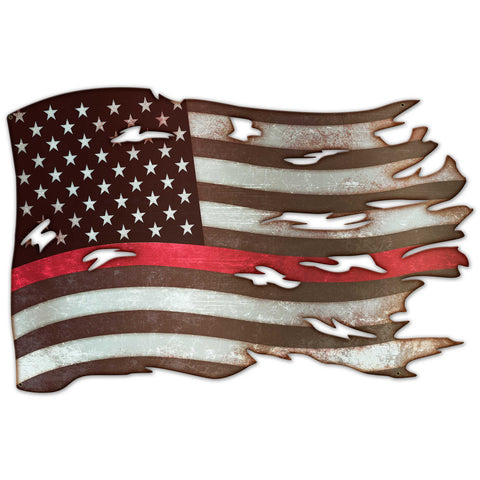 PSB393 - RED LINE TATTHERED FLAG Metal Sign