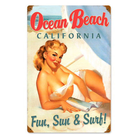 Ocean Beach Pinup Vintage Sign Metal Sign