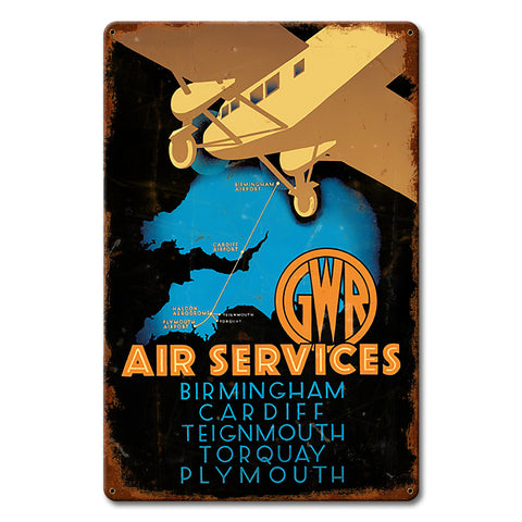1930's Air Services Ad England Vintage Metal Sign 12in X 18in Metal Sign