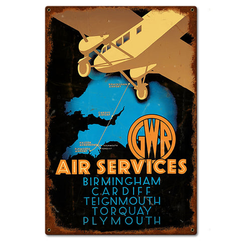 1930's Air Services Ad England Vintage Metal Sign 16in X 24in Metal Sign