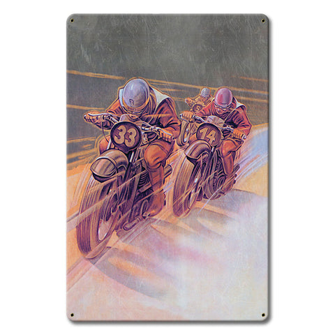 1940's Motorcycle Racers Metal Sign 12in X 18in Metal Sign