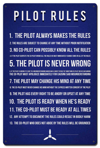 PTSB661   PILOT RULES Metal Sign