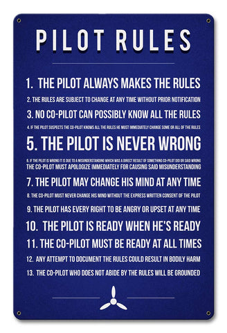 PTSB662 - PILOT RULES Metal Sign