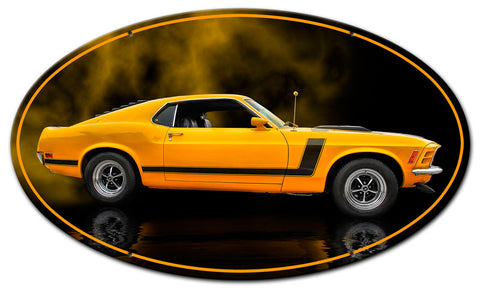 1970 YELLOW MUSTANG BOSS 302 FASTBACK OVAL SHAPE Vintage Sign Metal Sign