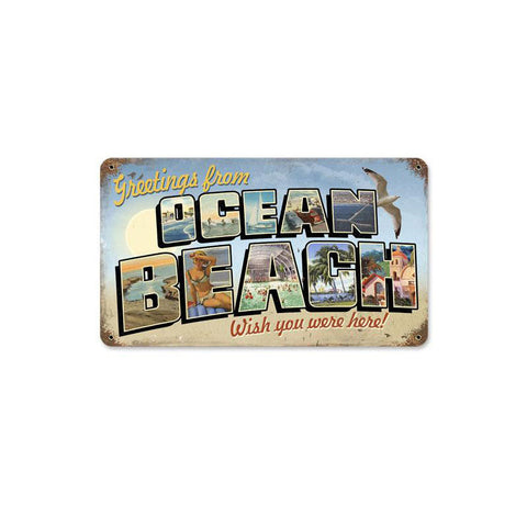 Ocean Beach Postcard Vintage Sign Metal Sign