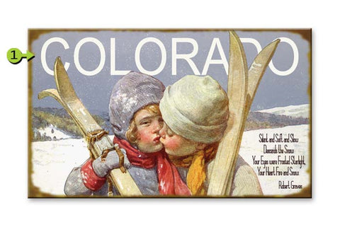 Kissing Kids with Skis Wood 18x30