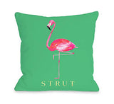 One Bella Casa Flamingo Strut - Green Pink - Green Pink Throw Pillow by lezleelliott 18 X 18