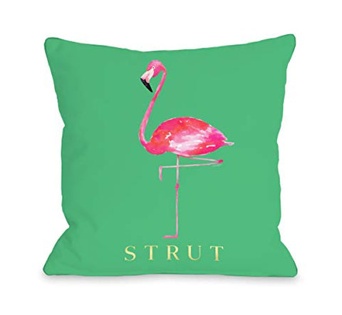 One Bella Casa Flamingo Strut - Green Pink - Green Pink Throw Pillow by lezleelliott 18 X 18
