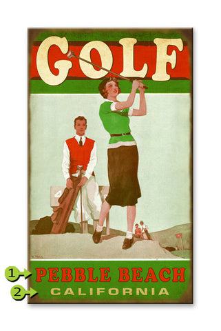 Red, Green and White Female Golfer Metal 23x39