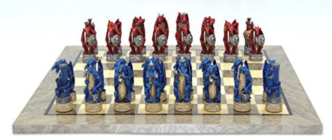 Dragon's Keep - Justice vs. Evil Painted Resin Chessmen on Grey Burl wood Board
