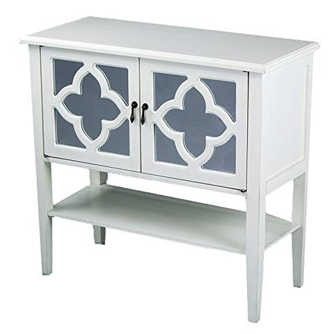 30 inch Antique White Wood Mirrored Glass Console Cabinet with 2 Doors and a Shelf