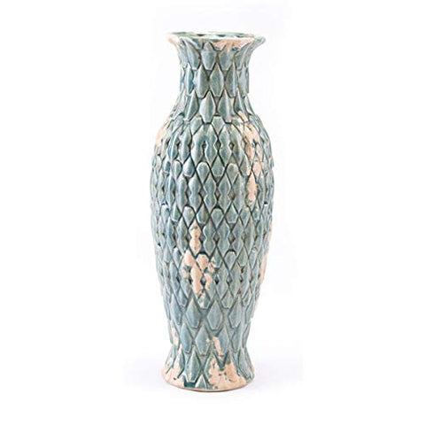 ArtFuzz 6.3 inch X 6.3 inch X 17.3 inch Distressed Blue Ceramic Vase with Jewel-Like Shapes