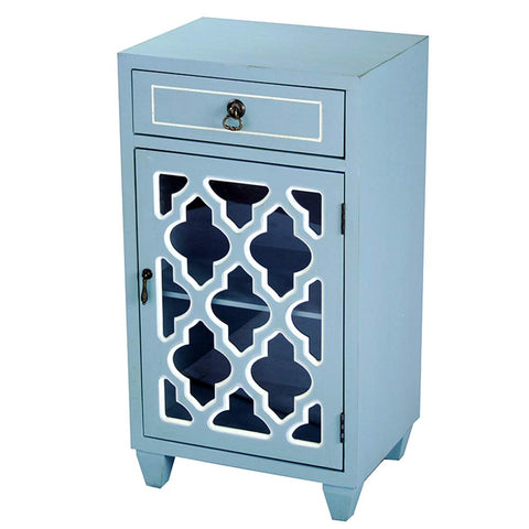 ArtFuzz 30.75 inch Light Blue Wood Clear Glass Accent Cabinet with a Drawer and a Door
