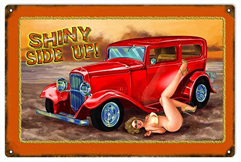 ArtFuzz Pin Up Girl Shiny Side Up Reproduction Hot Rod Metal Sign 18x30