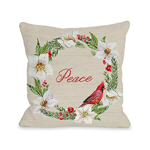 One Bella Casa Cardinal Wreath Peace - Tan Throw Pillow by OBC 16 X 16