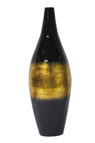 ArtFuzz 32 inch Spun Bamboo Floor Vase - Bamboo in Black & Gold Metallic Lacquer