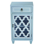 ArtFuzz 30.75 inch Light Blue Wood Clear Glass Accent Cabinet with a Drawer and a Door