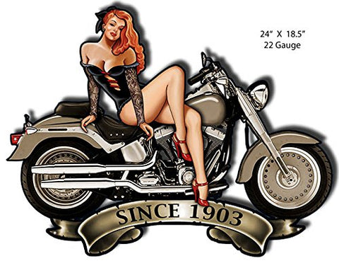 ArtFuzz Pin Up Girl Motorcycle Cut Out Metal Sign by Steve McDonald 18.5x24