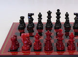 Red and Black Alabaster Chess Set with Inlaid Wood Frame