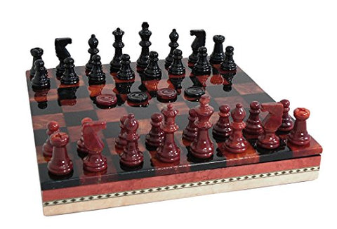 Red and Black Alabaster Chess and Checker in Inlaid Wood Chest