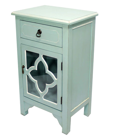 ArtFuzz 30 inch Light Blue Wood Clear Glass Accent Cabinet with a Drawer and a Door