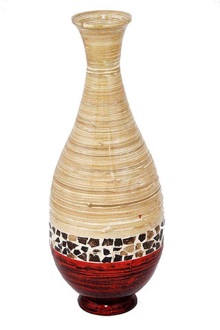 ArtFuzz 27 inch Spun Bamboo Floor Vase - Bamboo in Distressed White and Red W/Coconut Shell
