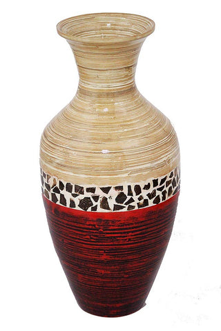ArtFuzz 25 inch Spun Bamboo Floor Vase - Bamboo in Natural Bamboo and Metallic Red W/Coconut Shell