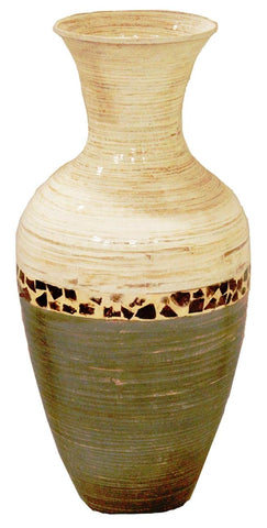 ArtFuzz 25 inch Spun Bamboo Floor Vase - Bamboo in White and Gray W/Coconut Shell