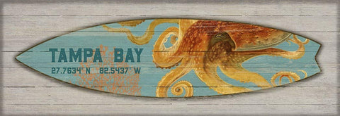 ArtFuzz Suzanne nicoll Coastal Octopus Surfboard Distressed Wood Panel Wood Sign 11x32 Special