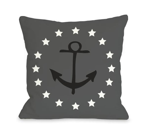 Anchor Circle Stars - Gray Black Throw Pillow by