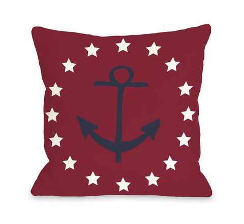 Anchor Circle Stars - Red Blue Throw Pillow by