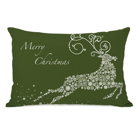 Snowflake Reindeer - Green Throw Pillow by OBC
