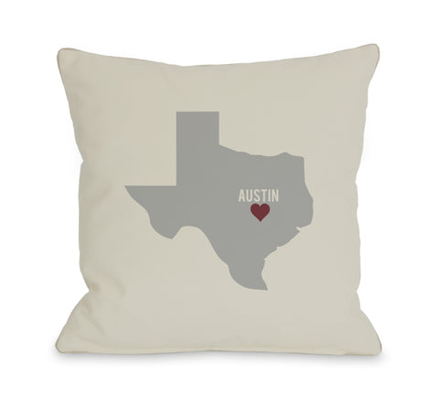 Austin Heart Map - Oatmeal Gray Red Throw Pillow by OBC 18 X 18