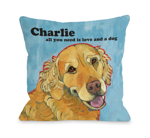 Personalized Love and A Dog UD Golden Retriever - Blue Throw Pillow by Ursula Dodge 18 X 18