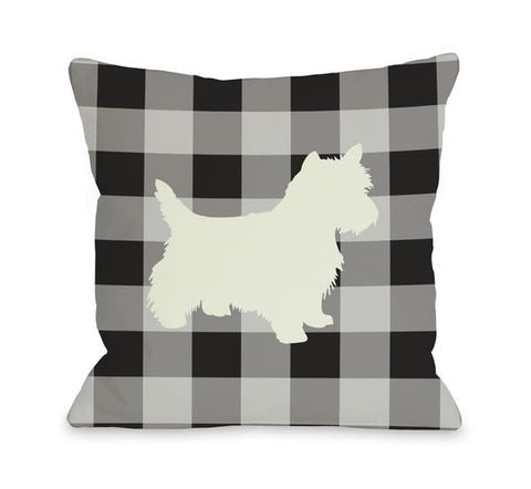 Gingham Silhouette Westie - Charcoal Throw Pillow by