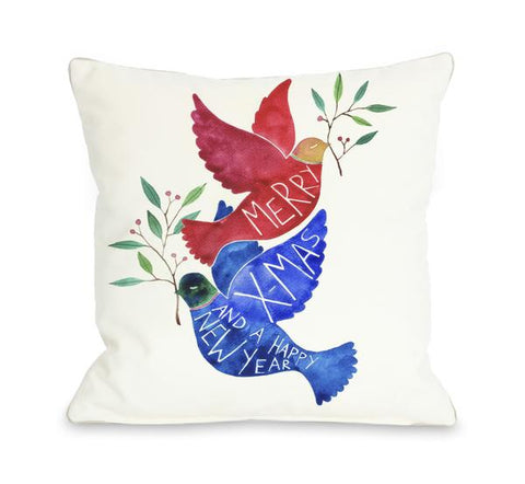 Merry Xmas Birds - White Red Blue Throw Pillow by Ana Victoria Calderon