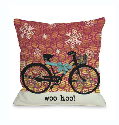 Woo Hoo Bike in Snow Throw Pillow by Kate Ward Thacker