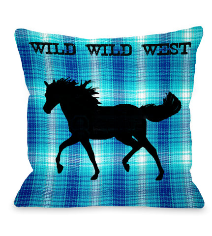 Wild Wild West Horse Plaid - Blue Throw Pillow by OBC 18 X 18