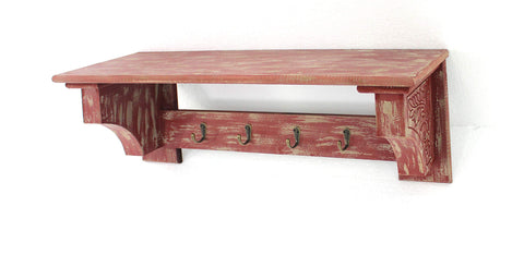 ArtFuzz 9.75 inch X 8 inch X 30 inch Red Vintage Wooden Wall Shelf with 4 Metal Hooks
