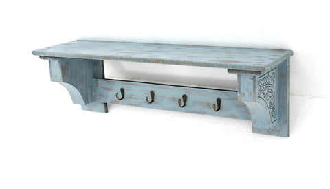 ArtFuzz 9.75 inch X 8 inch X 30 inch Blue Vintage Wooden Wall Shelf with 4 Metal Hooks