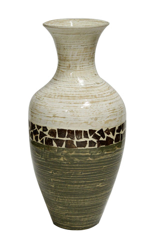 ArtFuzz 25 inch Spun Bamboo Floor Vase - Bamboo in White and Green W/Coconut Shell